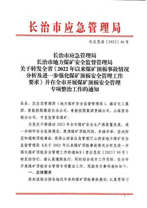 （长应急函 2023 46）关于转发全省（2022年以来煤矿顶板事故情况分析及进一步强化煤矿顶板安全管理工作 要求〉并在全市开展煤矿顶板安全管理 专项整治工作的通知.pdf预览图