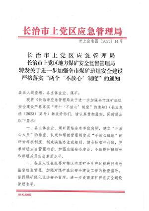 转发关于进一步加强全市煤矿班组安全建设严格落实“两个'不放心'制度“的通知长上应急函〔2023〕14号.pdf预览图