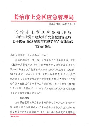 关于做好2023年春节后煤矿复产复建验收工作的通知长上应急函〔2023)11号.pdf预览图