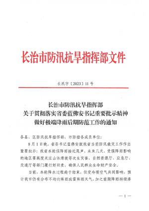 长汛字〔2023 〕11号 市防指关于贯彻落实省委蓝佛安书记重要批示精神做好极端降雨后期防范工作的通知.pdf预览图