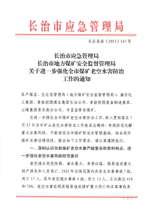 长应急函【2023】167号  关于进一步强化全市煤矿老空水害防治工作的通知通知.pdf预览图