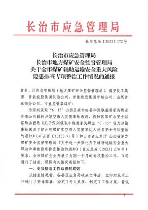 长应急函〔2023] 172号 关于全市煤矿辅助运输安全重大风险隐患排查专项整治工作情况的通报.pdf预览图