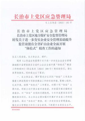 长上应急函〔2023)182号 长治市上党区应急管理局长治市上党区地方煤炭安全监督管理局转发关于进一步夯实企业安全管理基础提升监管效能在全省矿山企业全面开展“体验式”精查工作的通知.pdf预览图