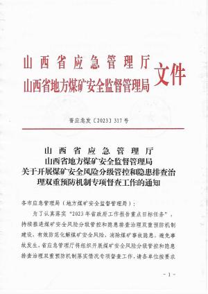 晋应急发〔2023〕317号 关于开展煤矿安全风险分级管控和隐患排查治理双重预防机制专项督查工作的通知.pdf预览图