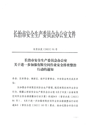 长安办发〔2023] 91号关于进一步加强有限空间作业安全排查整治行动的通知(1).pdf预览图