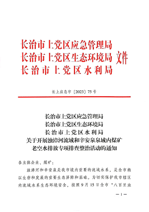 长上应急字〔2023〕75号关于开展浊漳河流域和辛安泉泉域内煤矿老空水排放专项排查整治活动的通知.pdf预览图