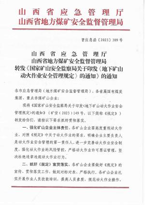 晋应急函〔2023〕309号-关于转发《国家矿山安全监察局关于印发地下矿山动火作业安全管理规定的通知》的通知(1).pdf预览图