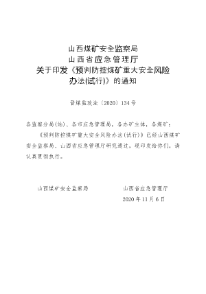 108-山西煤矿安全监察局　山西省应急管理厅关于印发《预判防控煤矿重大安全风险办法（试行）》的通知（晋煤监政法〔2020〕134）.docx预览图