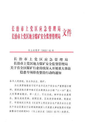 长上应急字〔2023)81号 关于在全市煤矿行业持续深入开展重大事故隐患专项排查政治行动的通知.PDF预览图